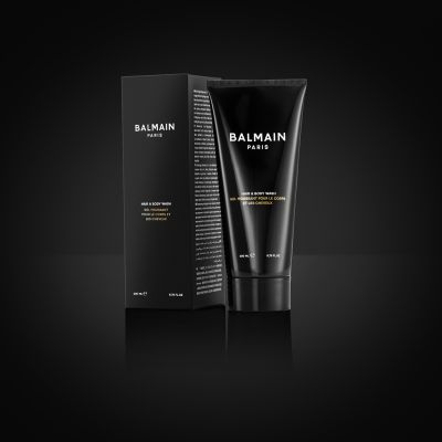 BalmainHair_BalmainHomme_HairBodyWash_Packshot_withBox_BlackBG_LR