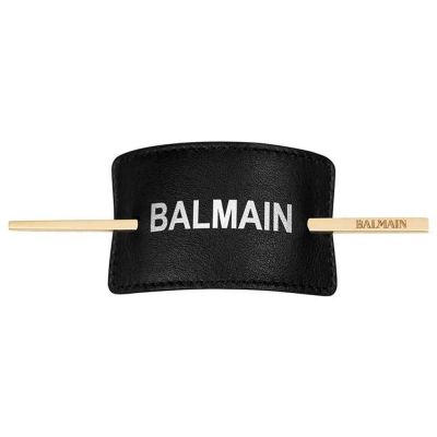 Balmain Hair Couture Заколка со шпилькой кожаная черная с белым логотипом Balmain